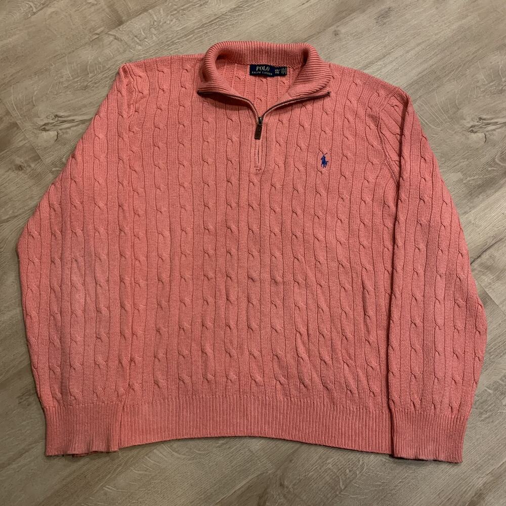 Polo Ralph Lauren 1/4 Quarter Zip Cable Knit Sweater Men's XXL 2XL Salmon Pink